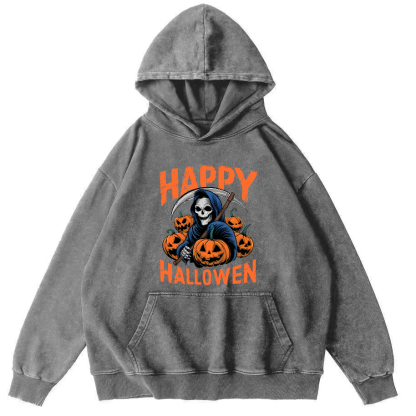 Halloween Pumpkin Lamp  Vintage Washed Hoodie-Zazasy