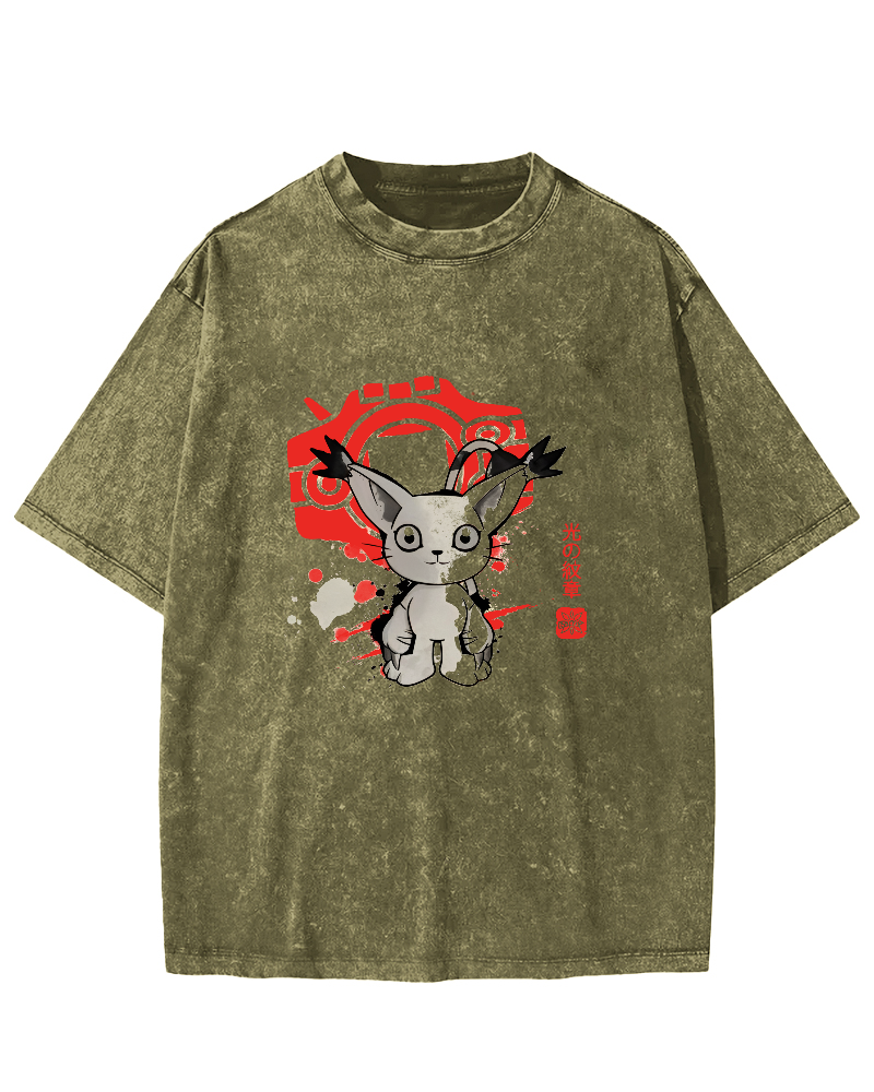 Retro Cartoon Kitten Japanese Style Vintage Distressed T-shirt-Zazasy