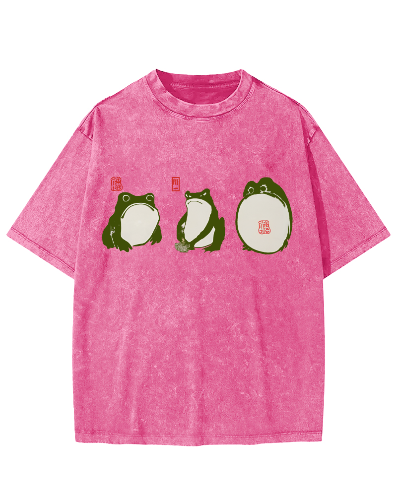 Cute Japanese Frog Vintage Washed T-shirt-Zazasy