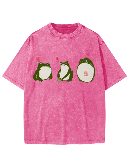 Cute Japanese Frog Vintage Washed T-shirt-Zazasy