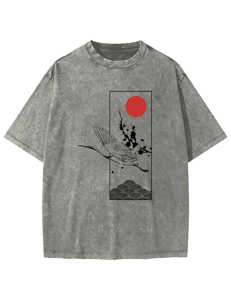 Japanese Sunrise Flying Crane Pattern Vintage Distressed T-shirt-Zazasy