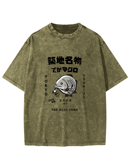 Japanese Seafood Market Pattern Vintage Distressed T-shirt-Zazasy