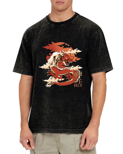 Japanese Dragon Pattern Vintage Distressed T-shirt-Zazasy
