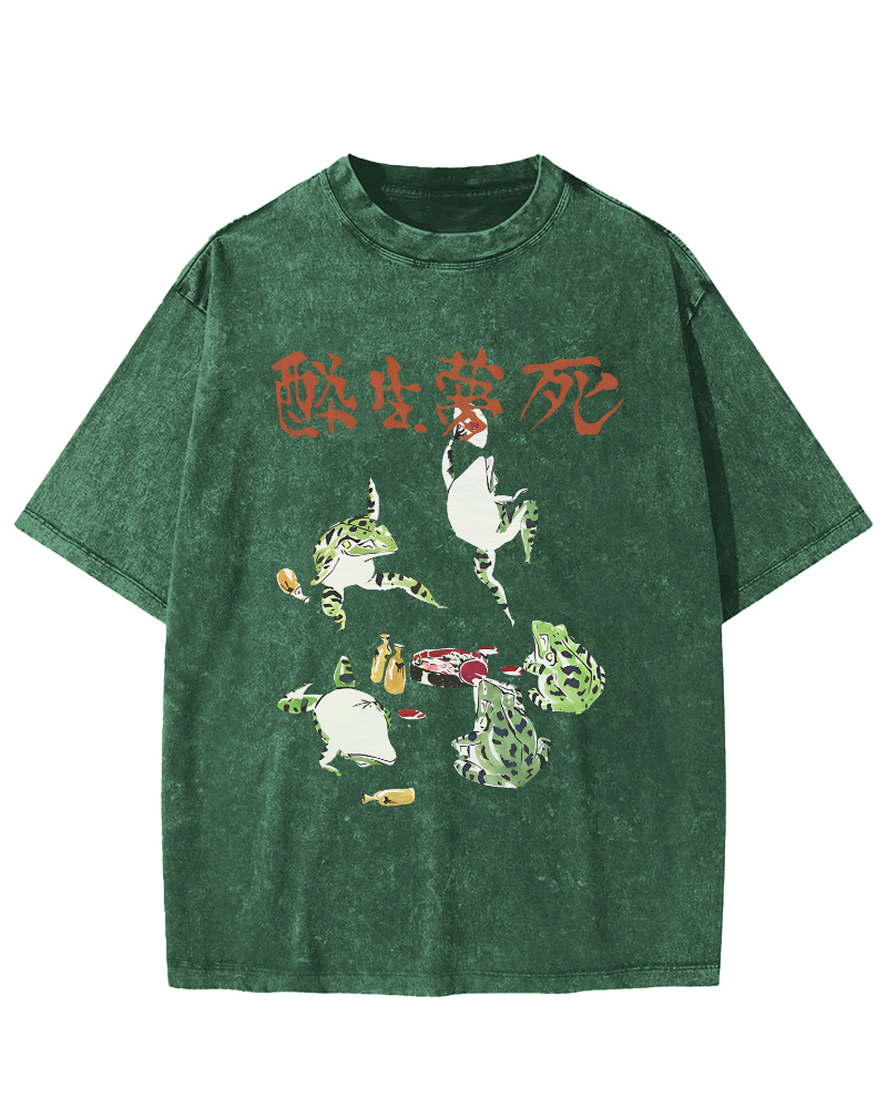 Drunk and Dreaming Frog, Japanese Style Vintage Washed T-shirt-Zazasy