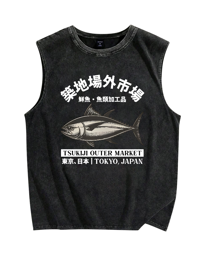Tsukiji Seafood Market Vintage Distressed Washed Tank-Zazasy
