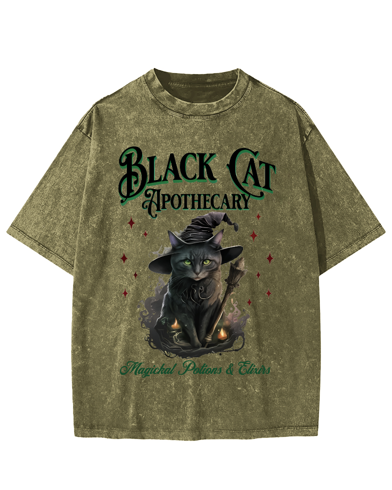 Black Cat Vintage Washed T-shirt-Zazasy