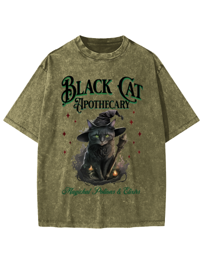 Black Cat Vintage Washed T-shirt-Zazasy