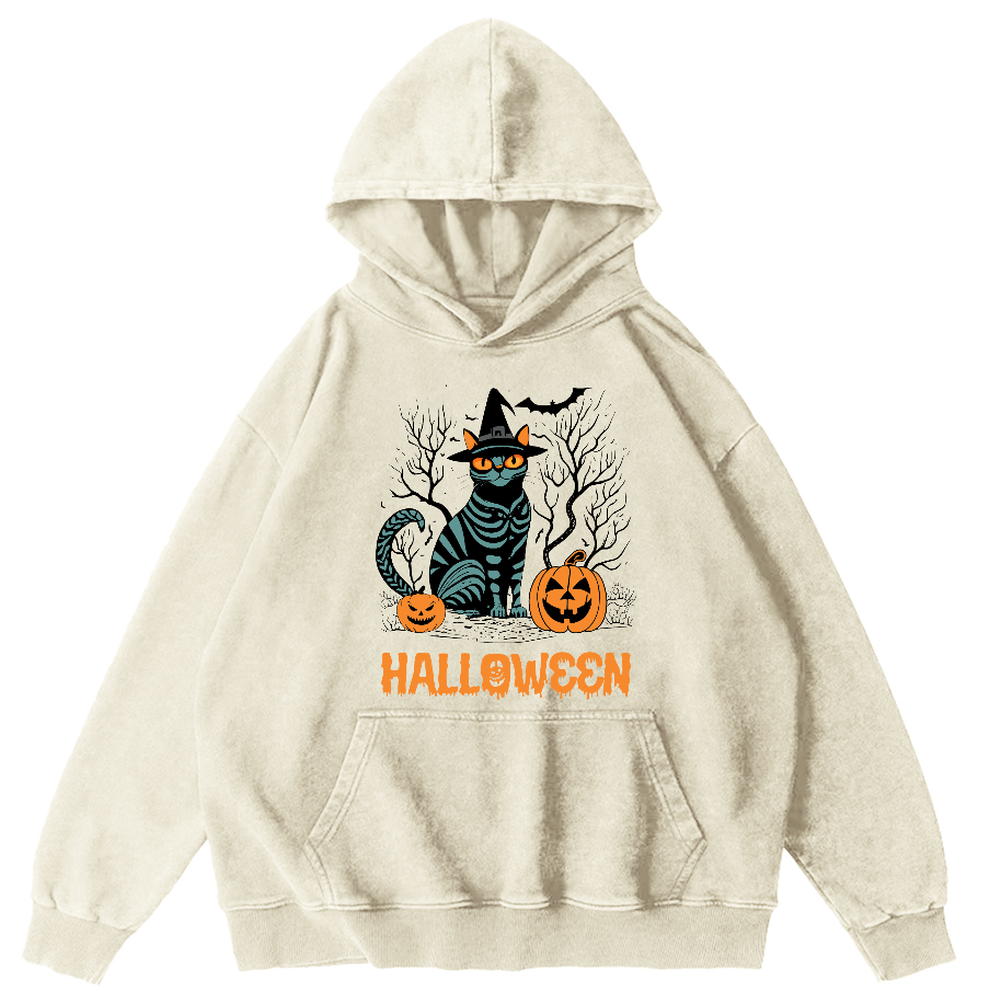 Halloween Cat Vintage Washed Hoodie-Zazasy