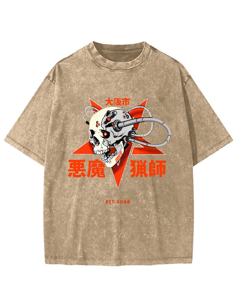 Japanese Style Demon Skull Pattern Vintage Distressed T-shirt-Zazasy