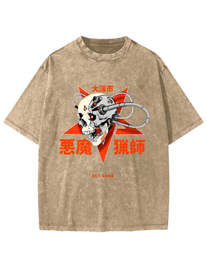 Japanese Style Demon Skull Pattern Vintage Distressed T-shirt-Zazasy