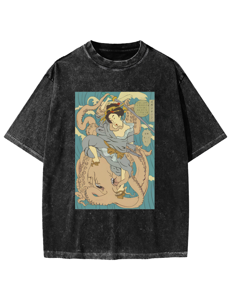 Ukiyo-i Japanese Women Vintage Washed T-shirt-Zazasy