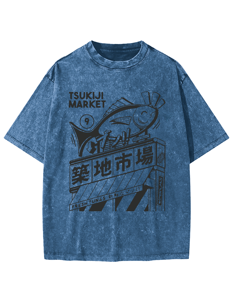 Tsukiji Seafood Market Vintage Washed T-shirt-Zazasy