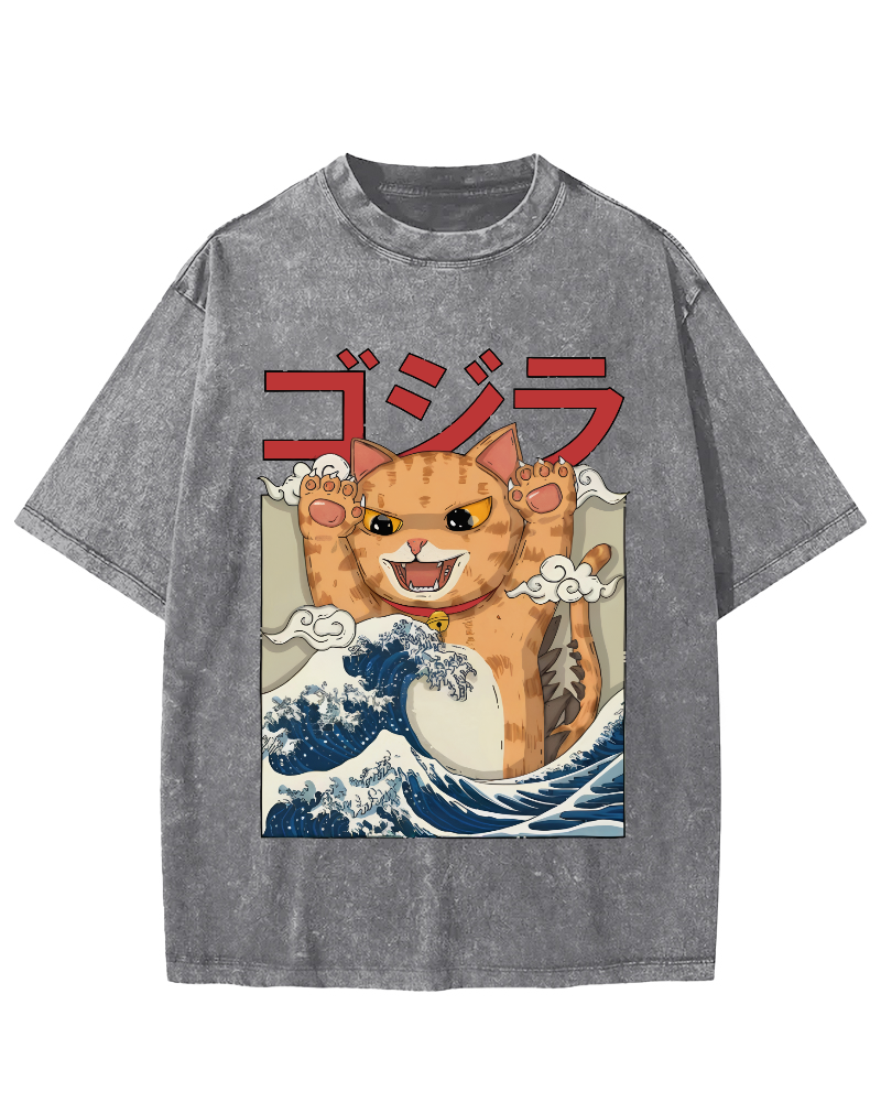 Cat in the Waves, Japanese Style Vintage Washed T-shirt-Zazasy