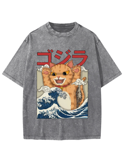 Cat in the Waves, Japanese Style Vintage Washed T-shirt-Zazasy