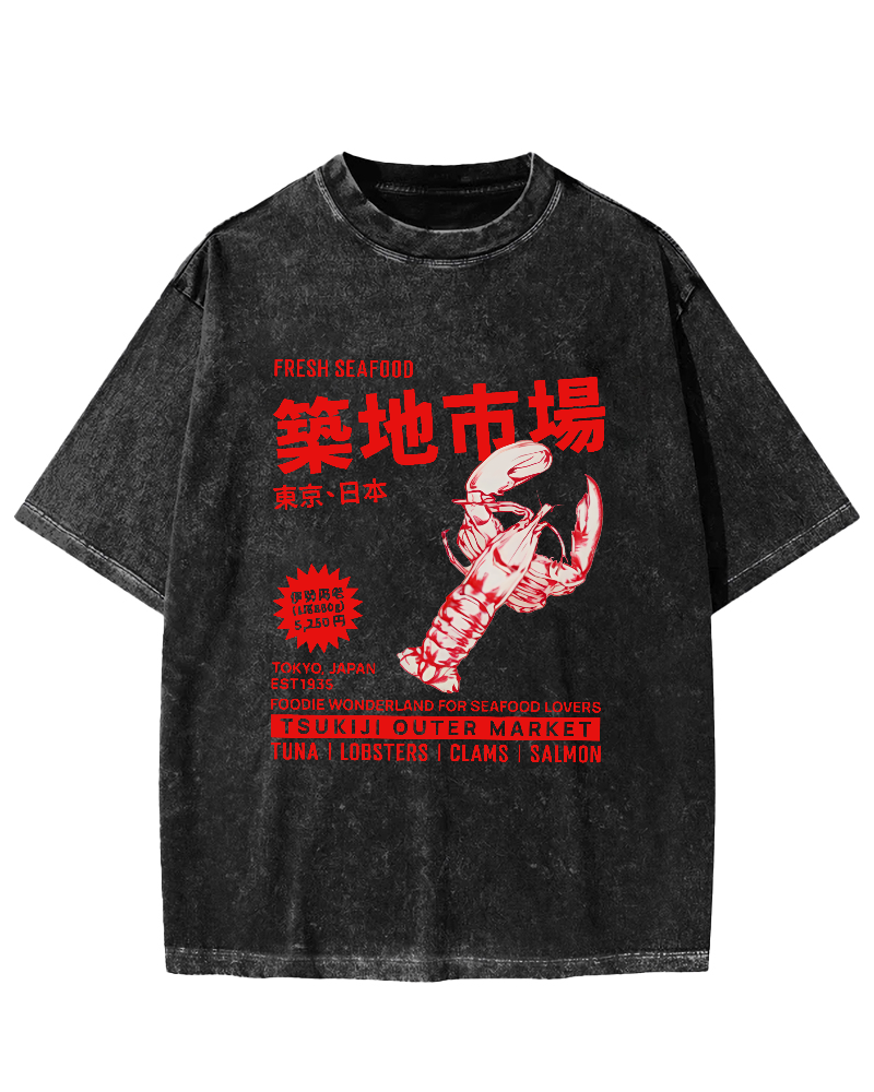 Seafood at Tokyo Tsukiji Market Vintage Washed T-shirt-Zazasy