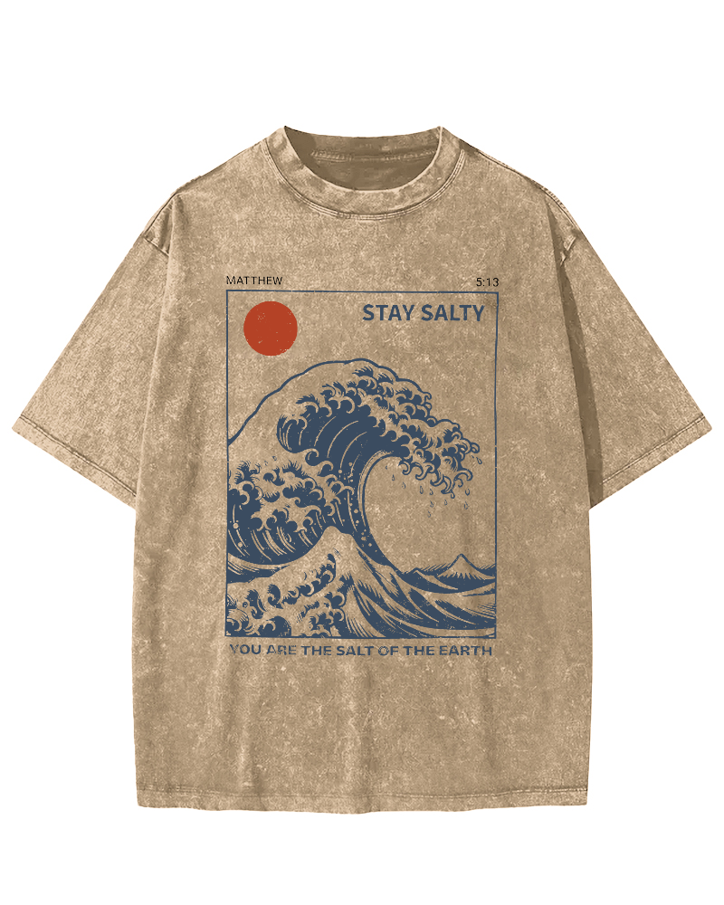 The Sunrise Scenery of Waves in Tokyo Vintage Washed T-shirt-Zazasy