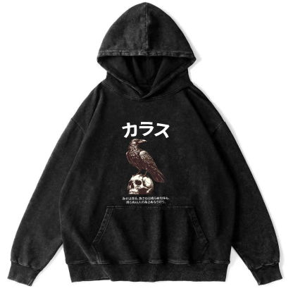 Crow Pattern Japanese Style Vintage Distressed Hoodie-Zazasy
