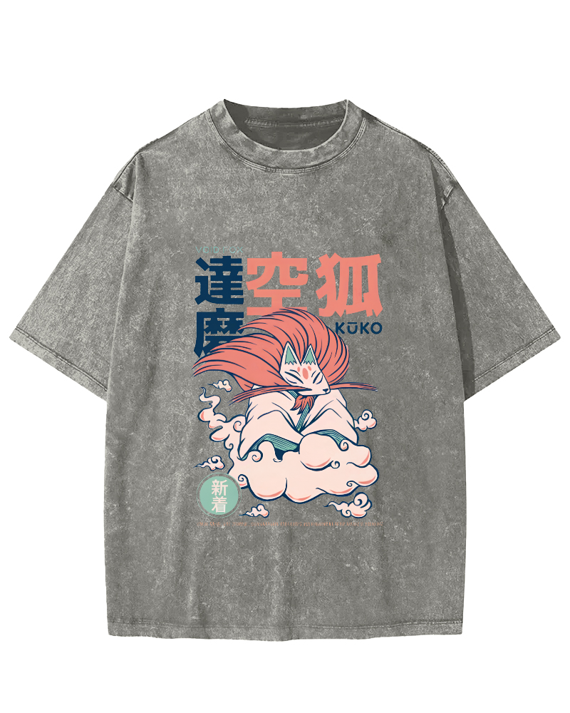Japanese Abstract And Personalized Fox Pattern Vintage Distressed T-shirt-Zazasy