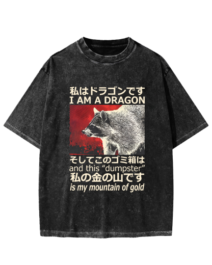 Dragon Raccoon Japanese Vintage Washed T-shirt-Zazasy