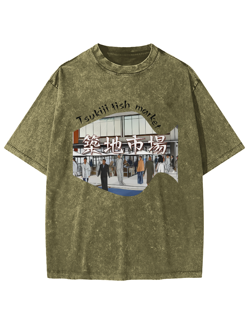 Tokyo Fish Market, Japan Vintage Washed T-shirt-Zazasy