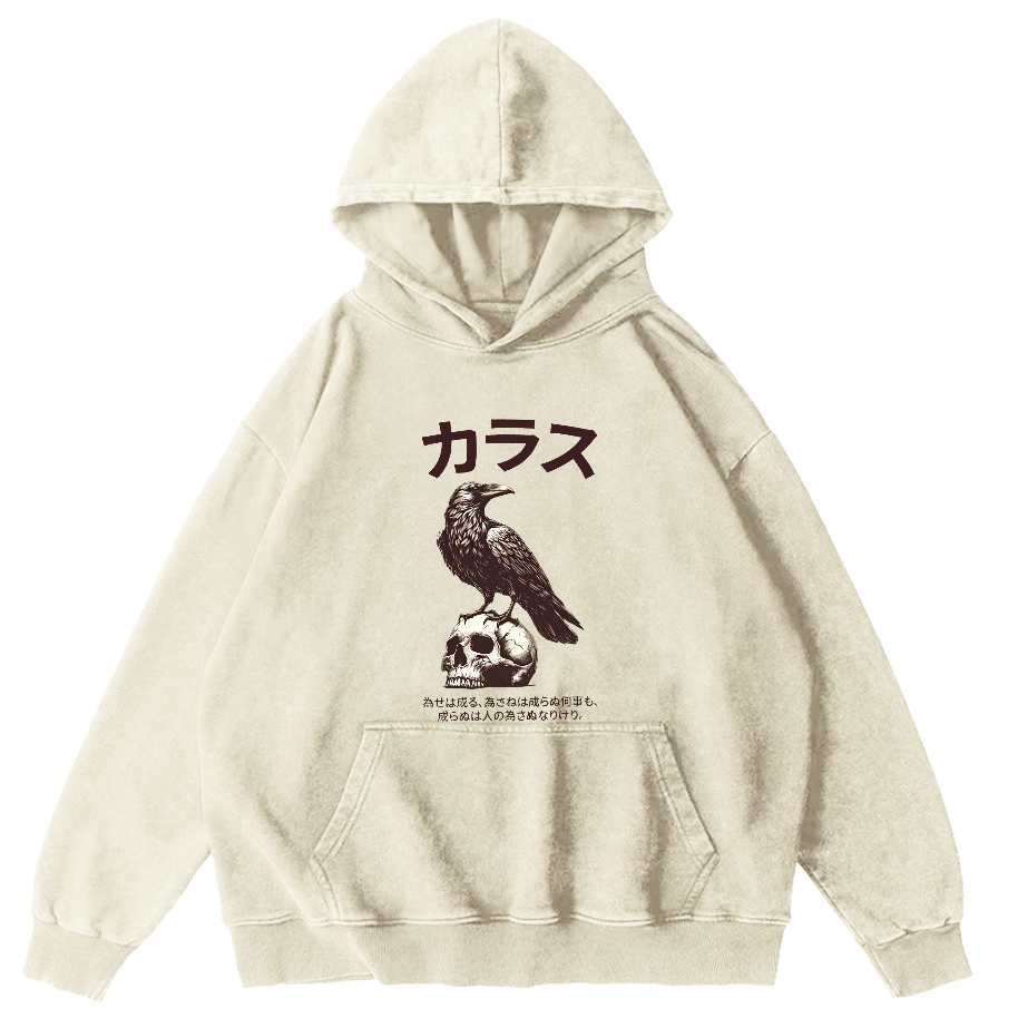 Crow Pattern Japanese Style Vintage Distressed Hoodie-Zazasy