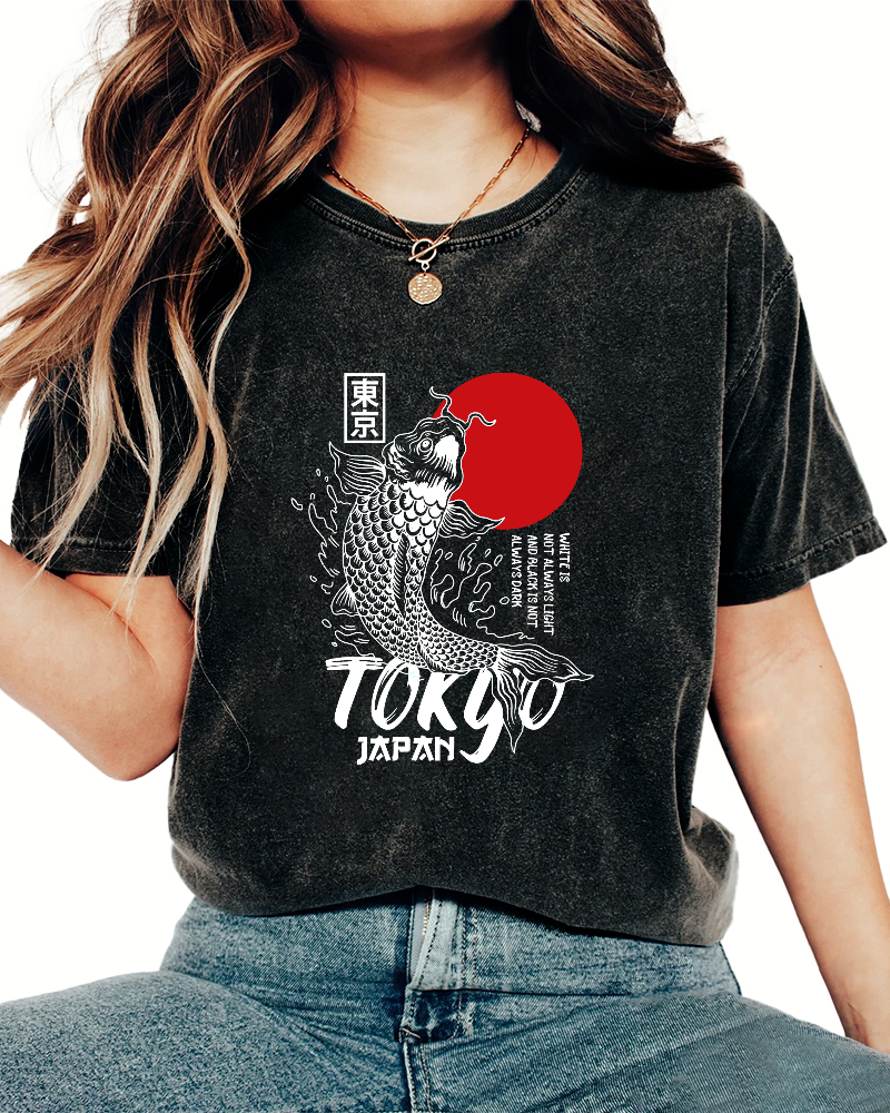 Japanese Script Koi Pattern Vintage Distressed T-shirt-Zazasy