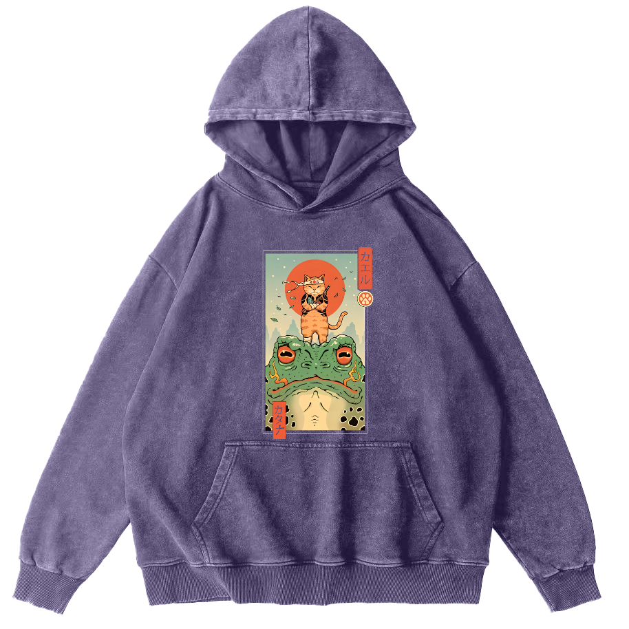 Frog and Cat Japanese Style Vintage Distressed Hoodie-Zazasy