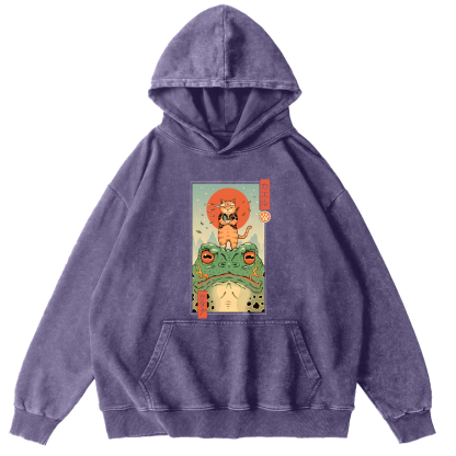 Frog and Cat Japanese Style Vintage Distressed Hoodie-Zazasy