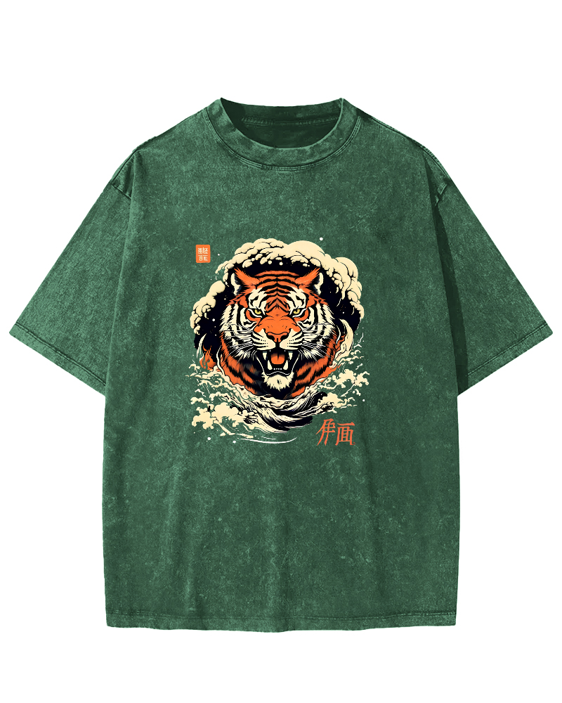 Japanese Tiger Head Pattern Vintage Distressed T-shirt-Zazasy