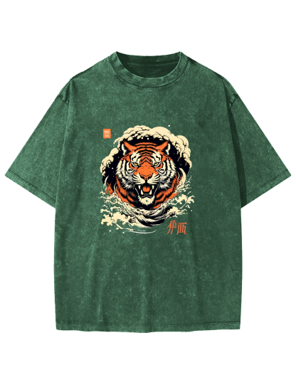 Japanese Tiger Head Pattern Vintage Distressed T-shirt-Zazasy