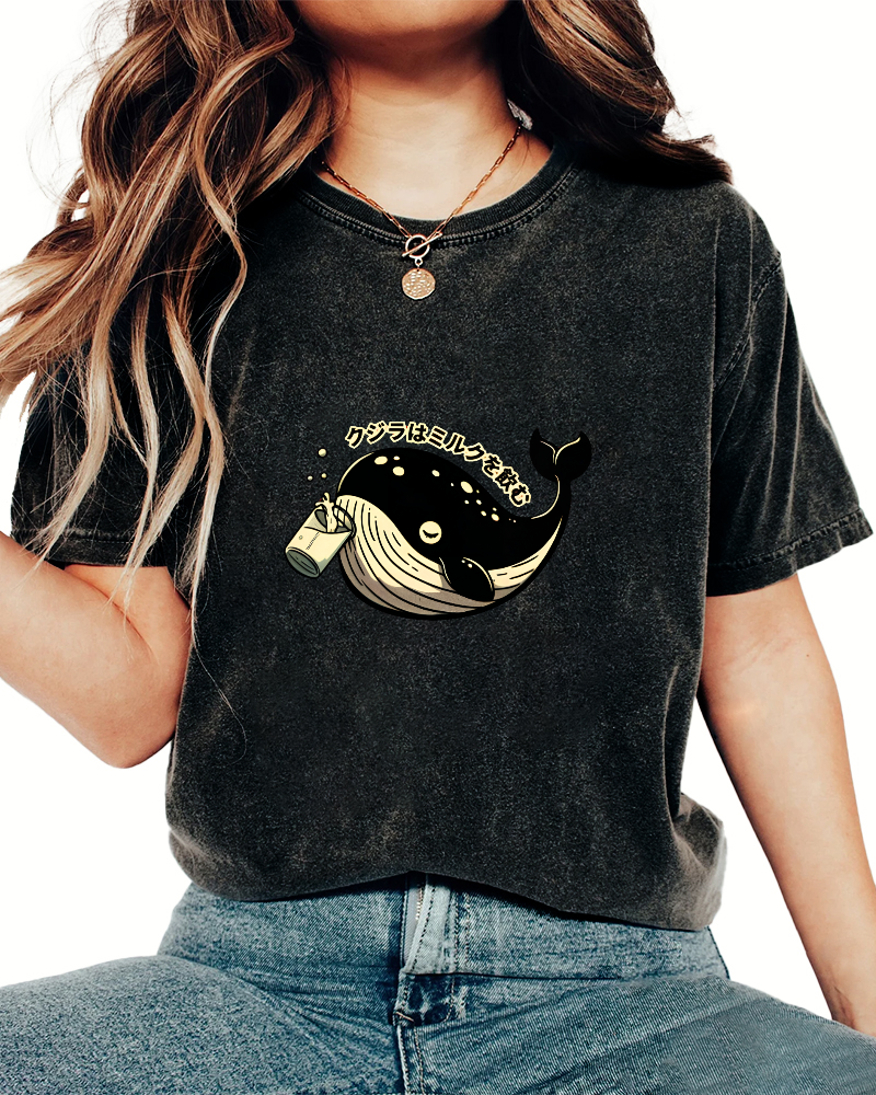 Japanese Whale Pattern Vintage Distressed T-shirt-Zazasy