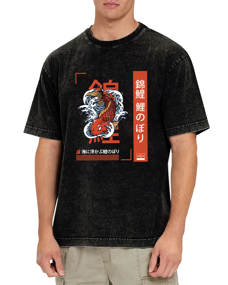 Japanese Script Koi Pattern Vintage Distressed T-shirt-Zazasy