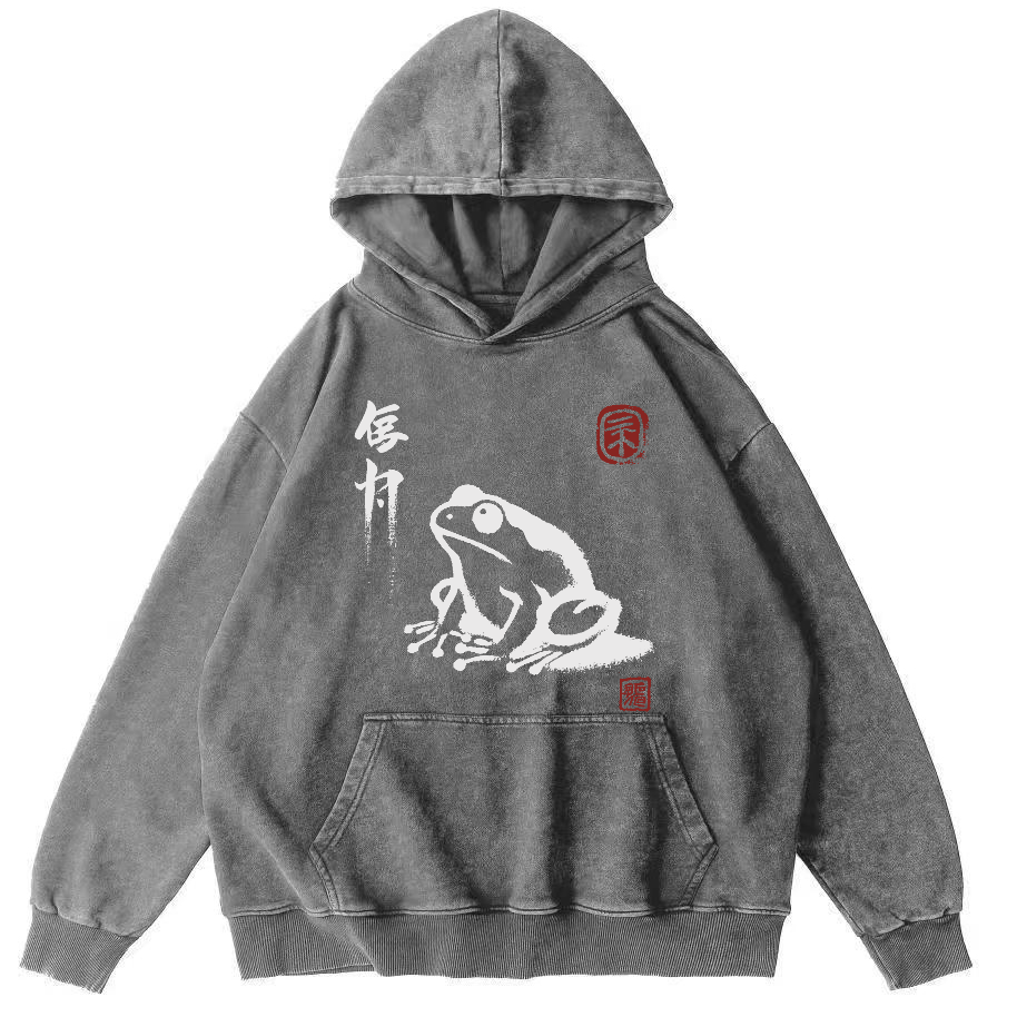 Frog Pattern Japanese Style Vintage Distressed Hoodie-Zazasy