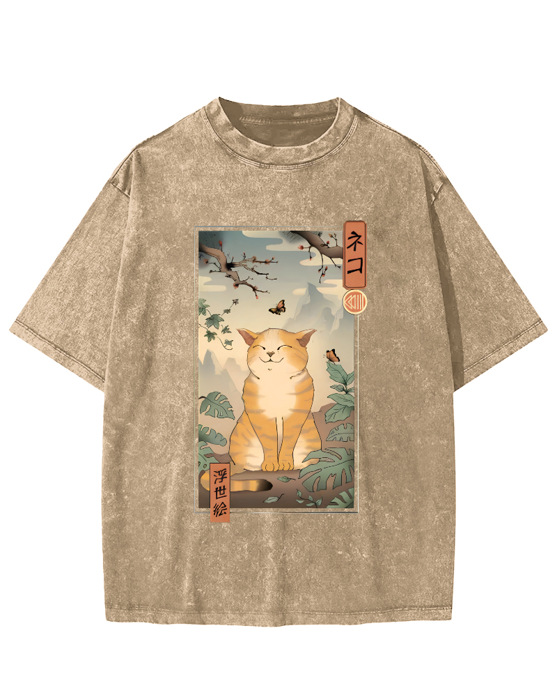 Cute and Lazy Cat Japanese Style Vintage Distressed T-shirt-Zazasy
