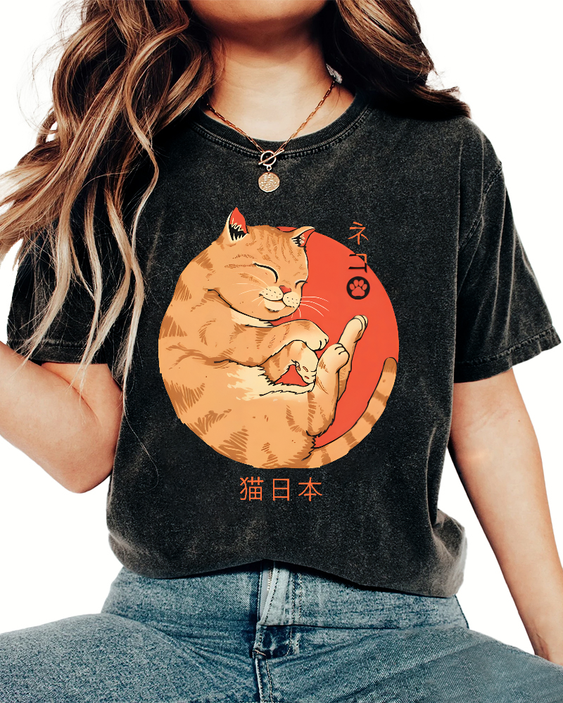 Lazy Japanese Cat Vintage Distressed T-shirt-Zazasy