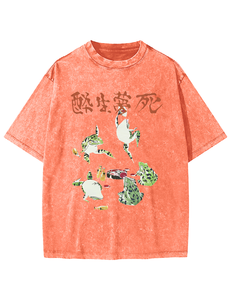 Drunk and Dreaming Frog, Japanese Style Vintage Washed T-shirt-Zazasy