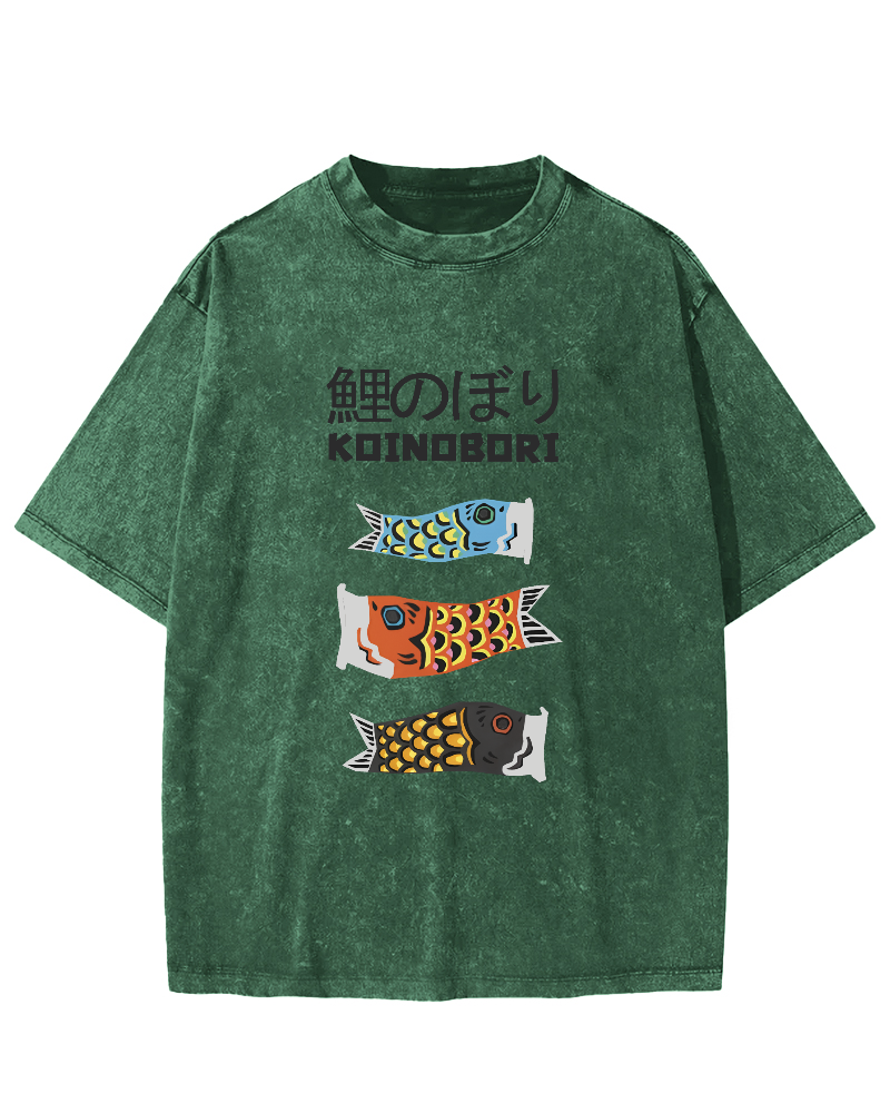 Cartoon Fish Painting Pattern Japanese Style Vintage Distressed T-shirt-Zazasy