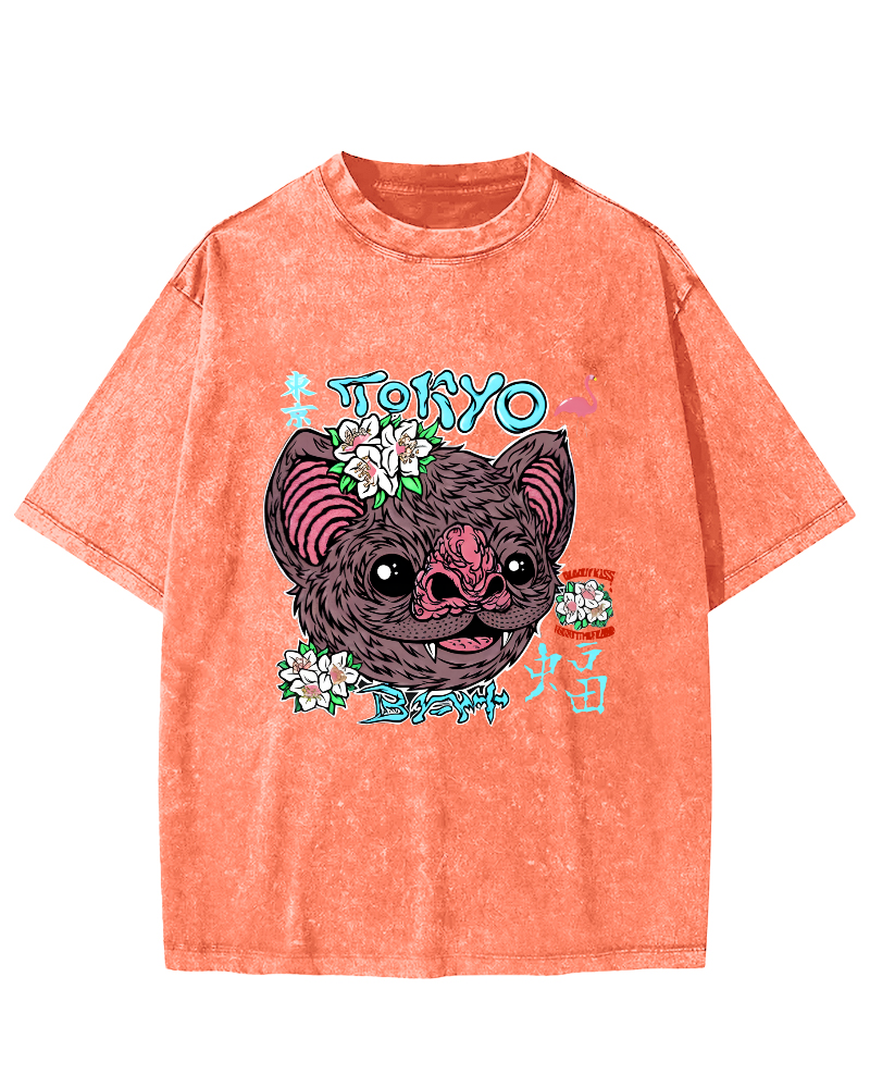 Tokyo Bat Vintage Washed T-shirt-Zazasy