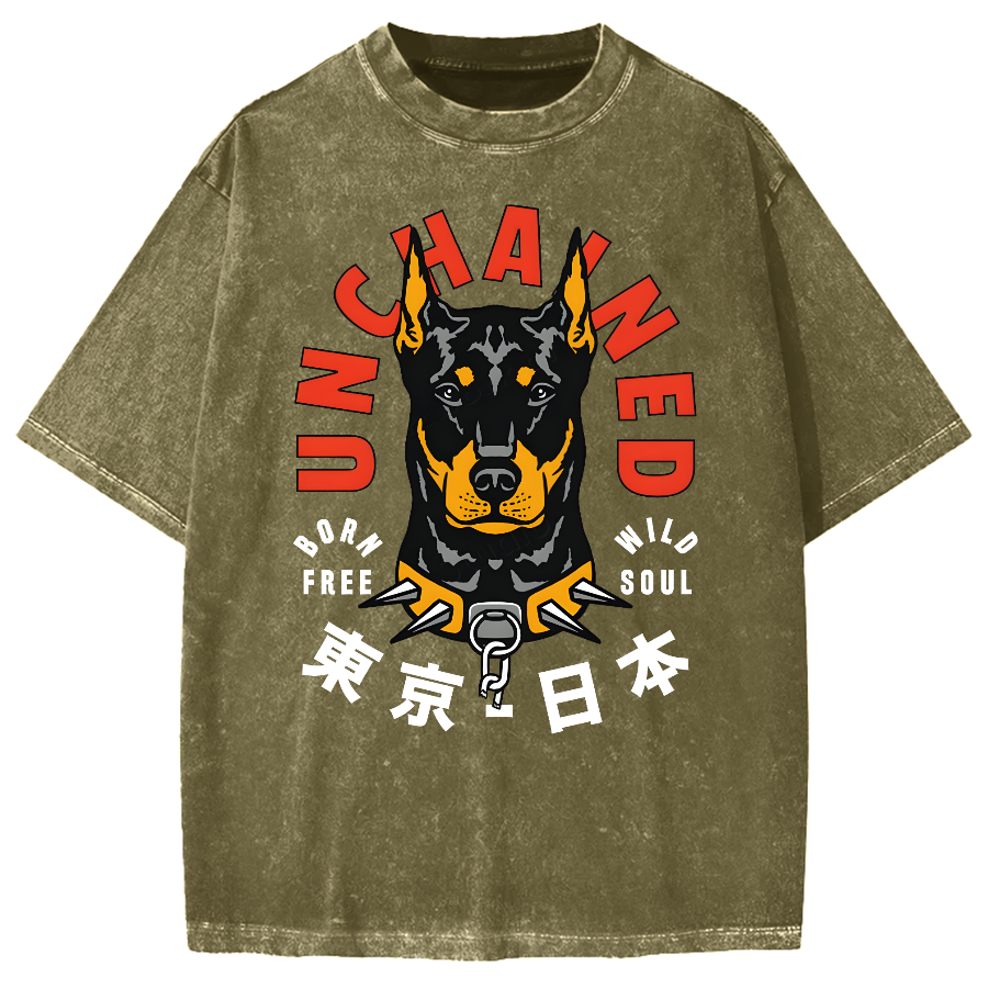 Doberman Pinscher Dog with Unchained Vintage Washed T-shirt