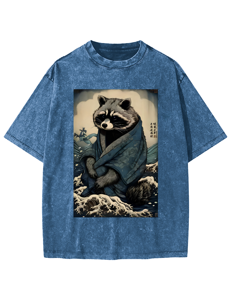 Raccoon in The Waves, Japanese Style Vintage Washed T-shirt-Zazasy