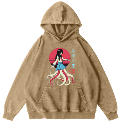 Female Octopus Monster Vintage Distressed Hoodie-Zazasy