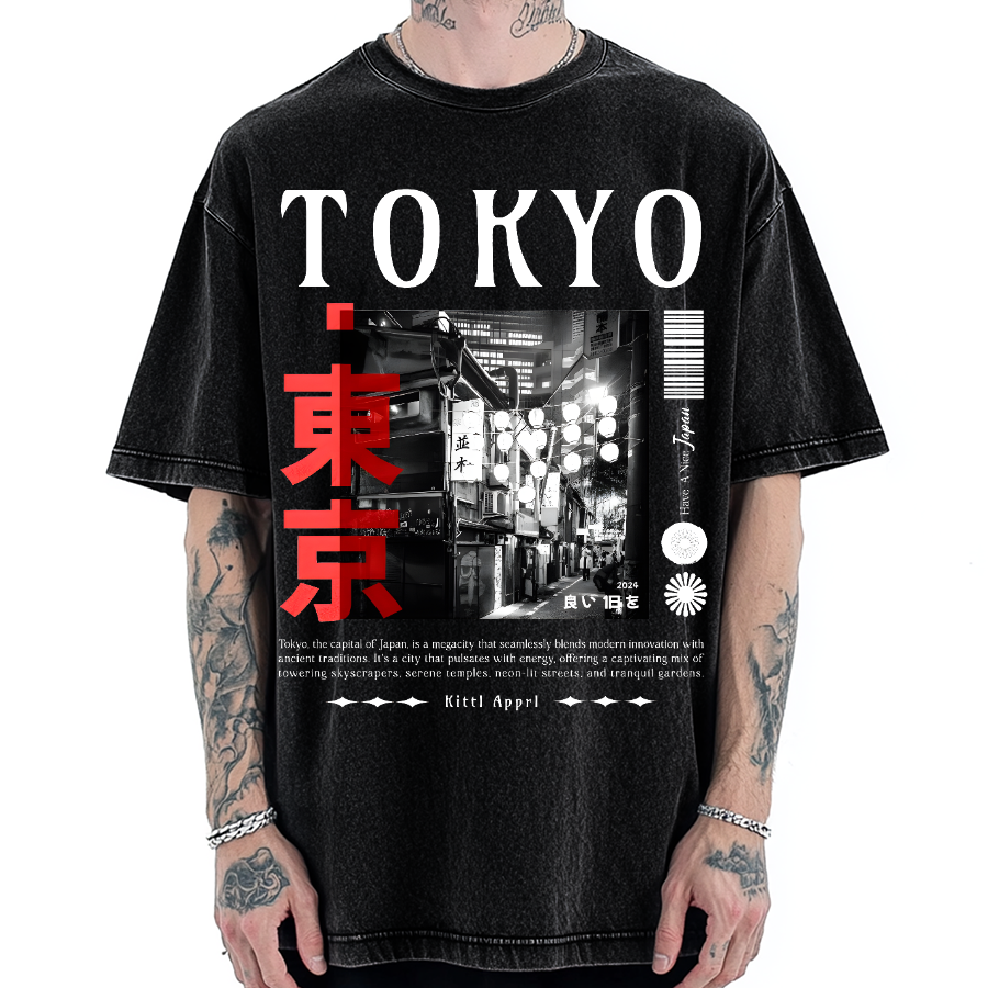 Tokyo Street Night Scene Vintage Washed T-shirt
