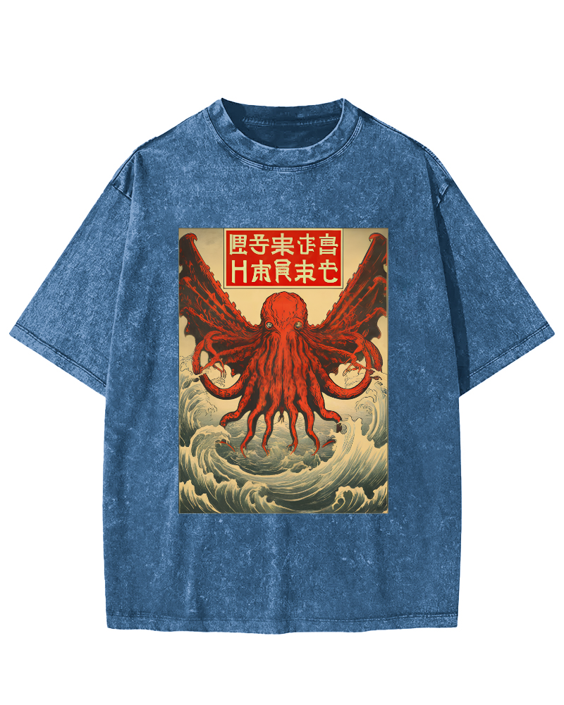 The Japanese Style Octopus Monster in The Huge Waves Vintage Washed T-shirt-Zazasy
