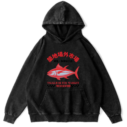Japanese Seafood Market Tuna Vintage Distressed Hoodie-Zazasy