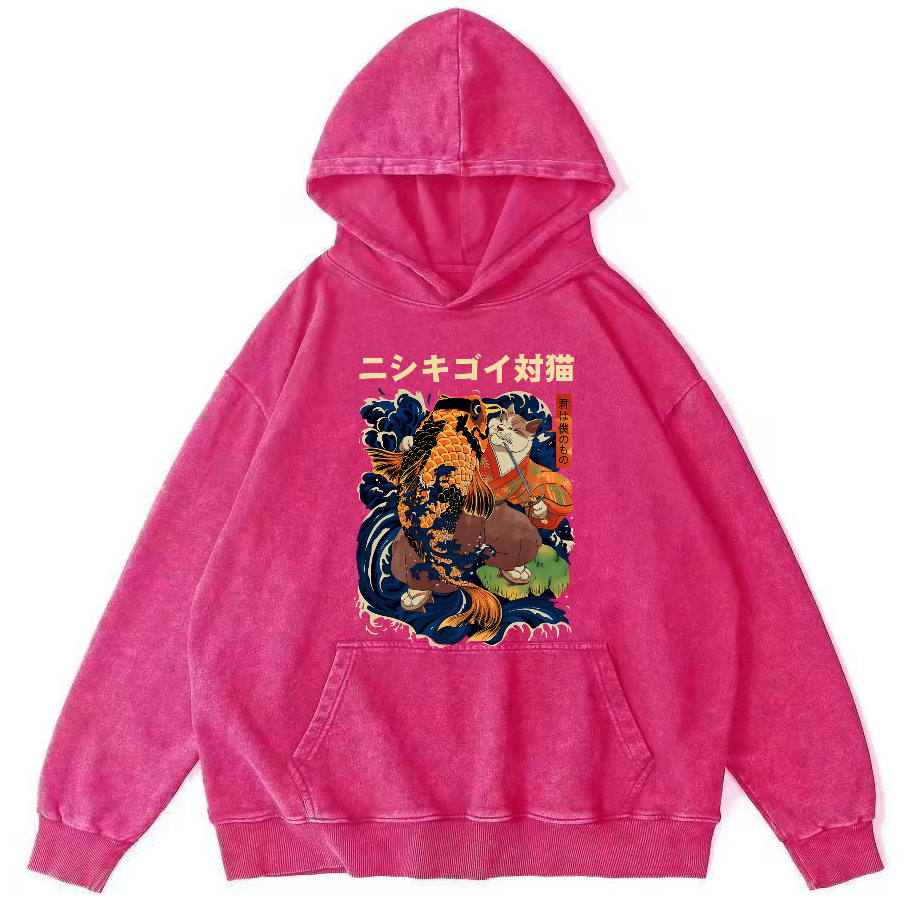 Koi and Cat Japanese Style Vintage Distressed Hoodie-Zazasy