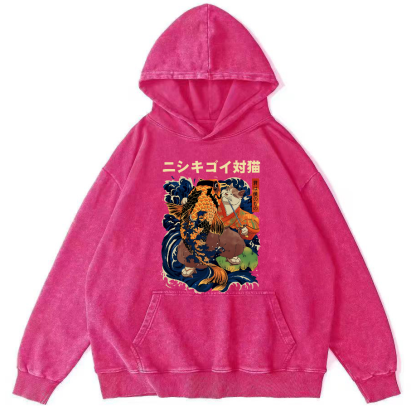 Koi and Cat Japanese Style Vintage Distressed Hoodie-Zazasy