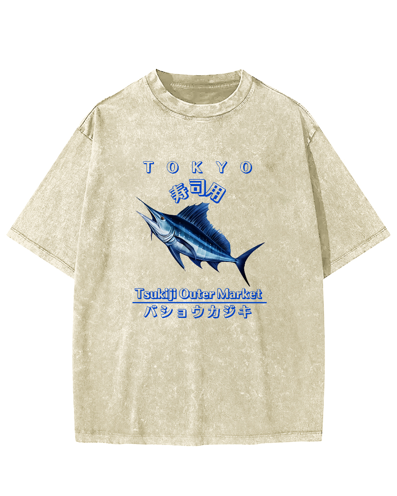 Japanese Sea Fish Sushi Vintage Distressed T-shirt-Zazasy