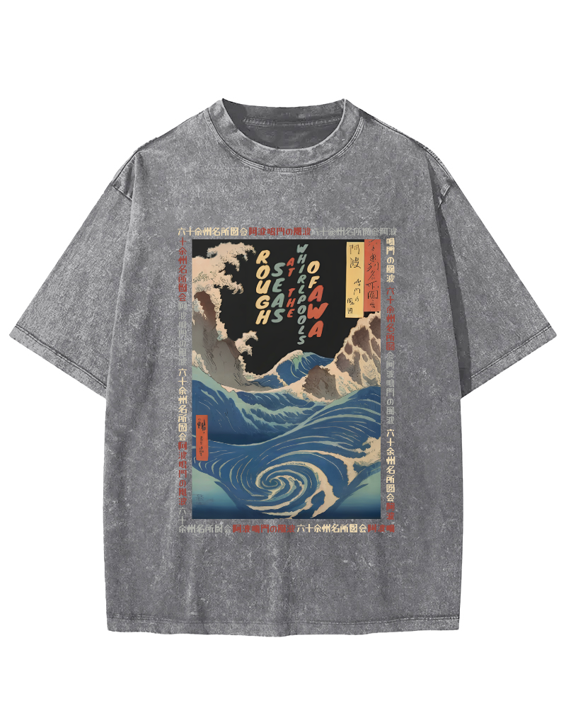 Ukiyo-e Giant Waves Vintage Washed T-shirt-Zazasy