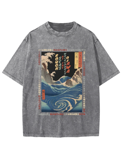 Ukiyo-e Giant Waves Vintage Washed T-shirt-Zazasy