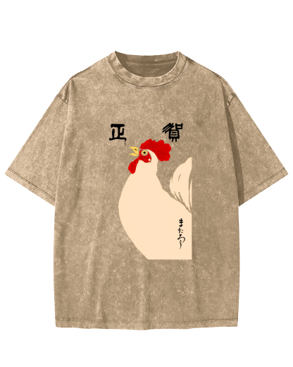 Japanese Script Chicken Pattern Vintage Distressed T-shirt-Zazasy